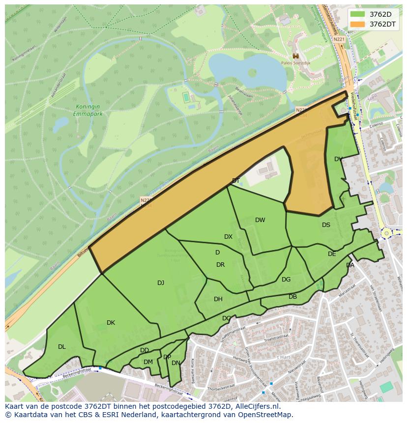 Afbeelding van het postcodegebied 3762 DT op de kaart.