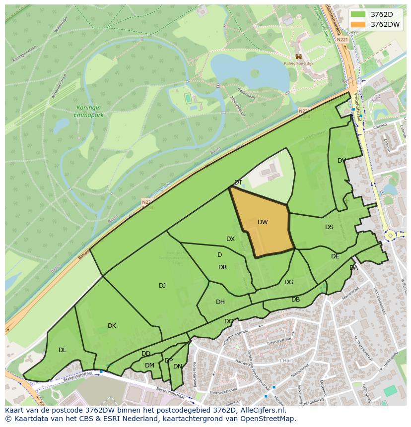 Afbeelding van het postcodegebied 3762 DW op de kaart.