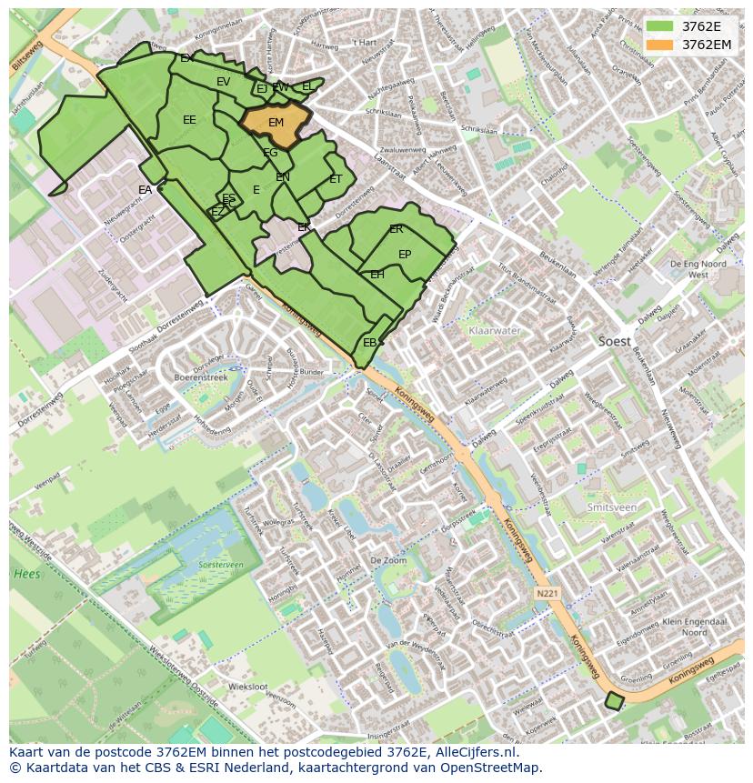Afbeelding van het postcodegebied 3762 EM op de kaart.