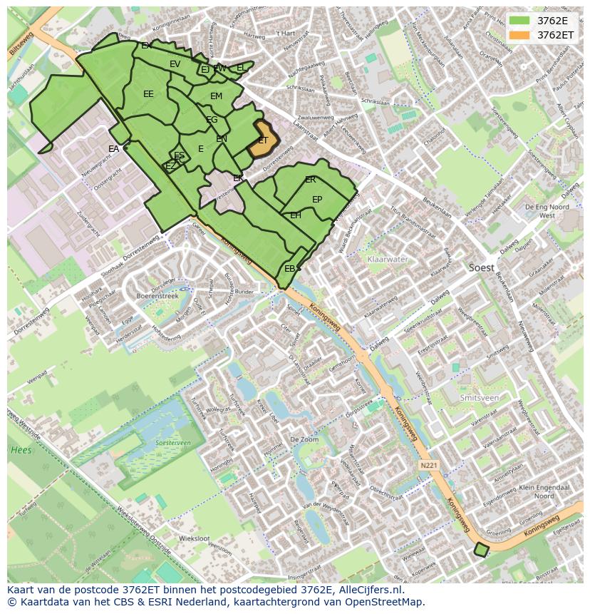 Afbeelding van het postcodegebied 3762 ET op de kaart.