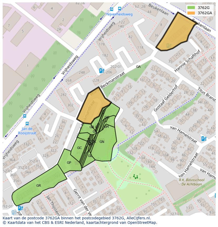 Afbeelding van het postcodegebied 3762 GA op de kaart.