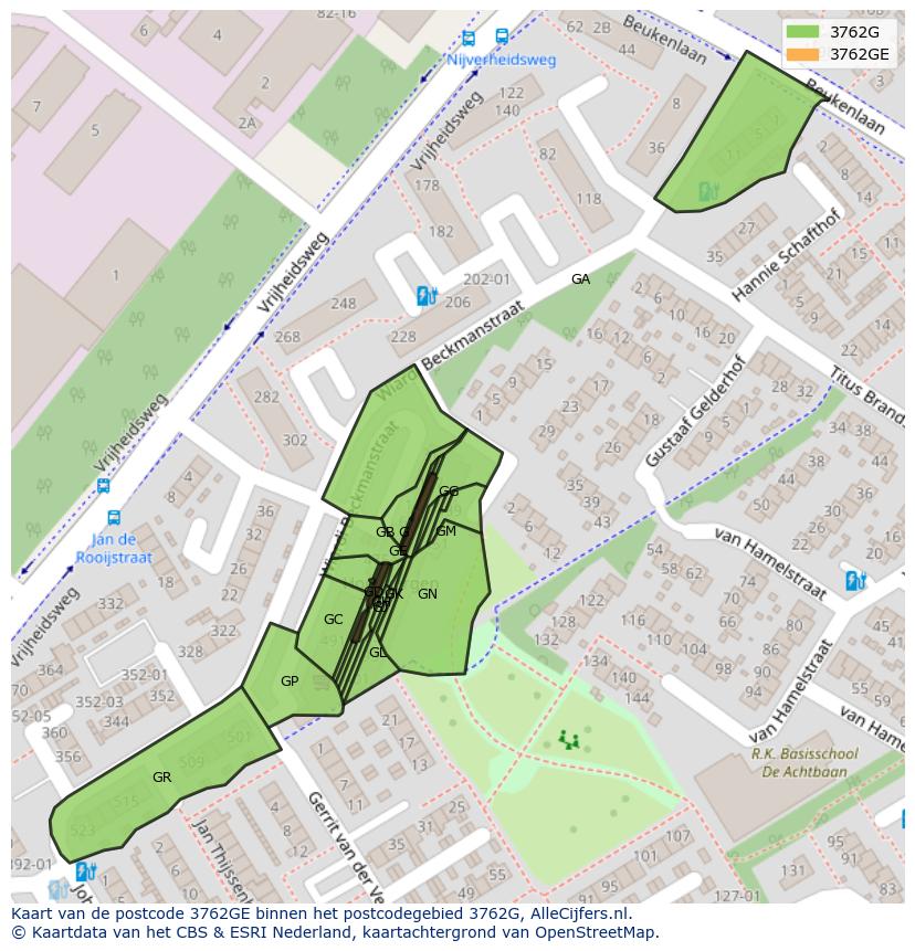 Afbeelding van het postcodegebied 3762 GE op de kaart.