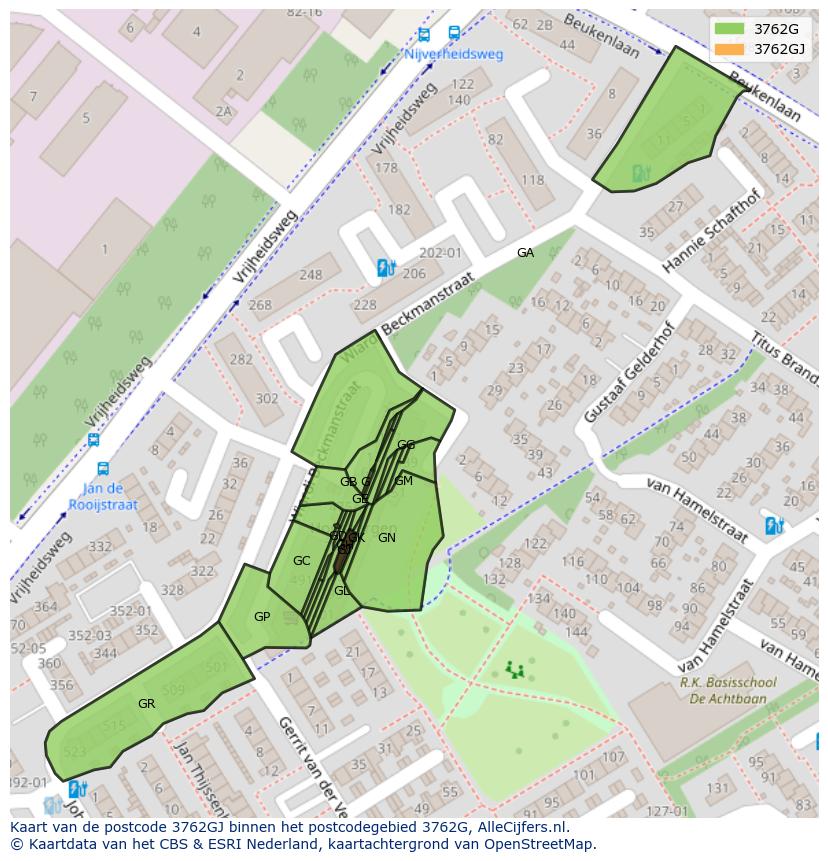 Afbeelding van het postcodegebied 3762 GJ op de kaart.