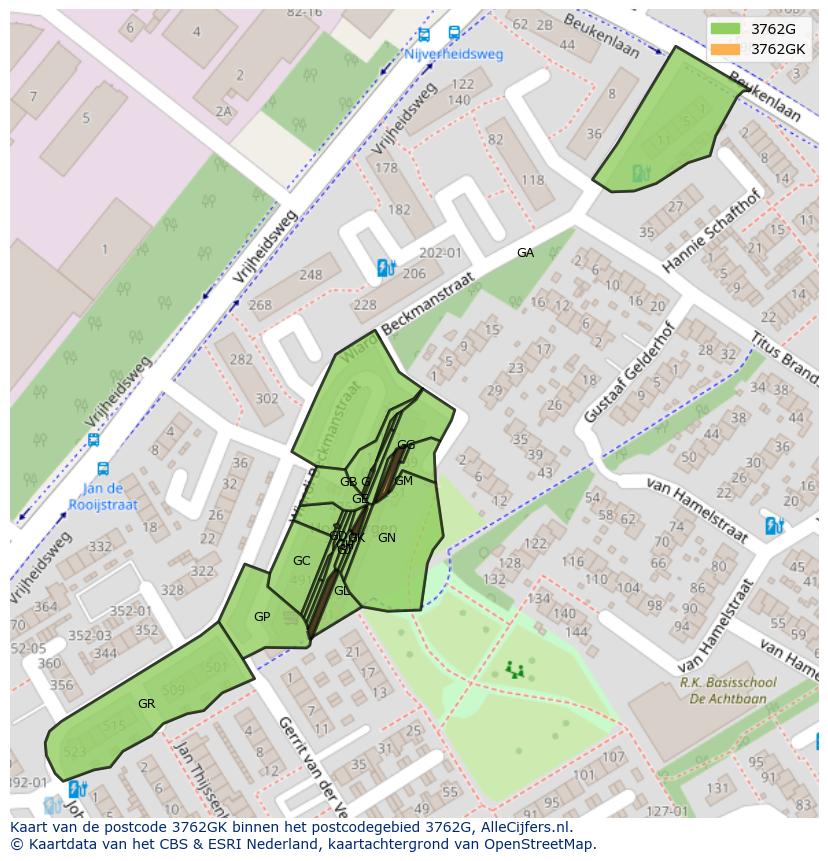 Afbeelding van het postcodegebied 3762 GK op de kaart.