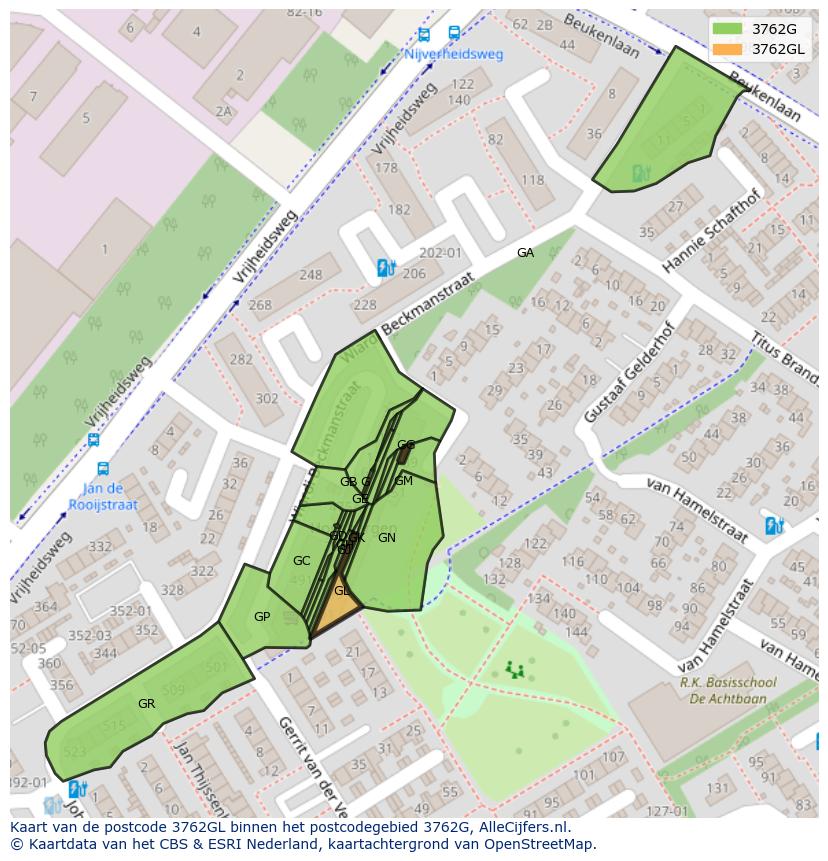 Afbeelding van het postcodegebied 3762 GL op de kaart.