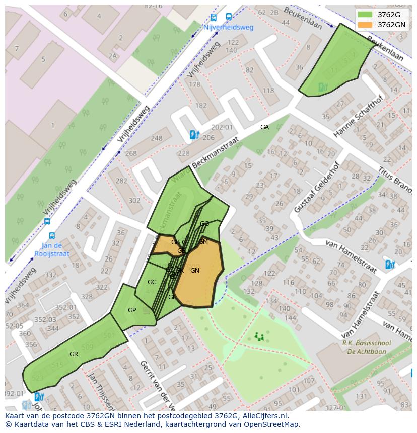 Afbeelding van het postcodegebied 3762 GN op de kaart.