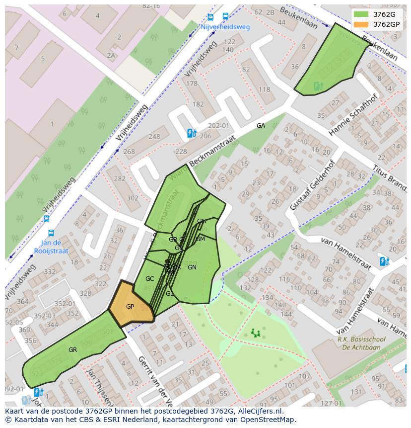 Afbeelding van het postcodegebied 3762 GP op de kaart.