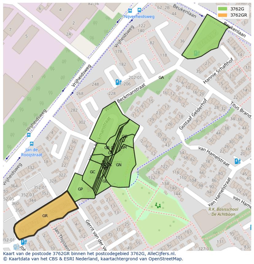 Afbeelding van het postcodegebied 3762 GR op de kaart.