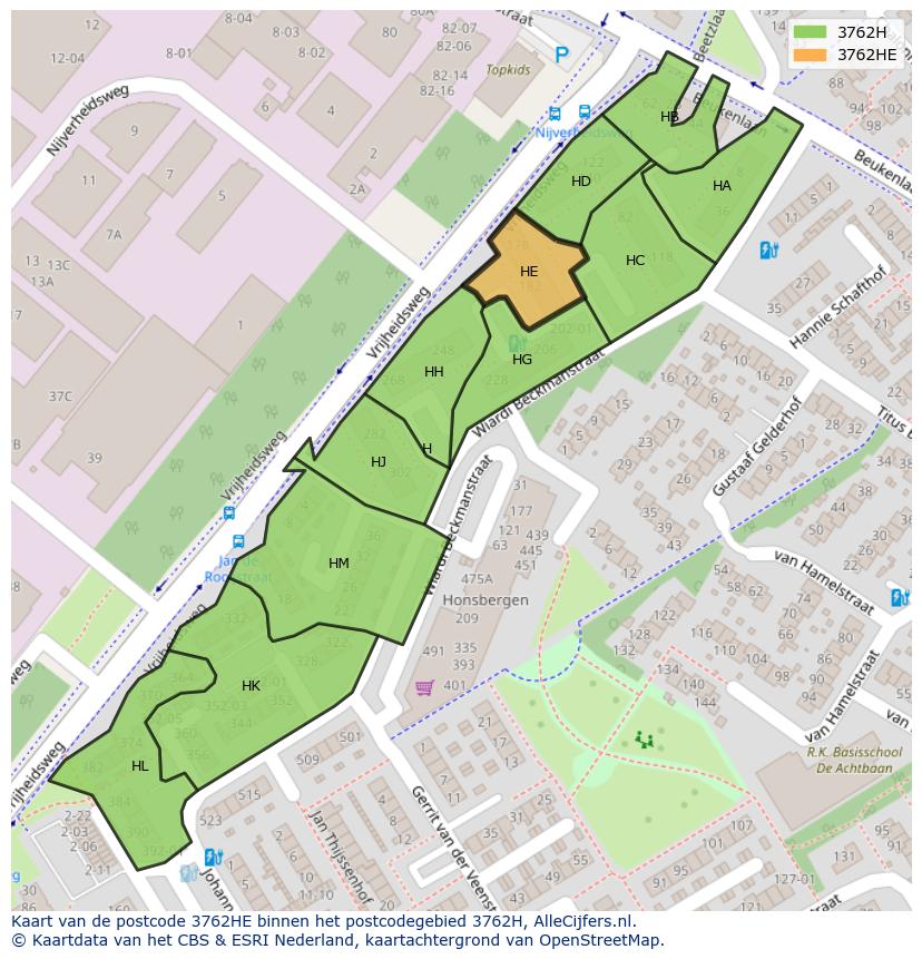 Afbeelding van het postcodegebied 3762 HE op de kaart.