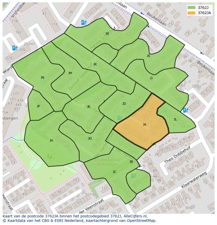 Afbeelding van het postcodegebied 3762 JA op de kaart.