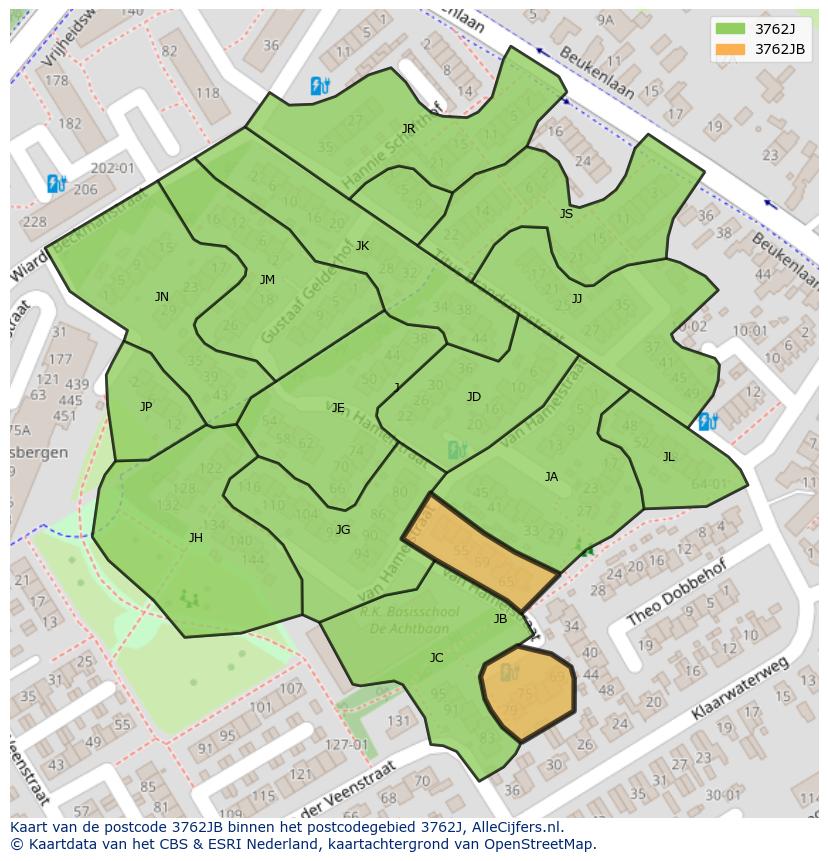 Afbeelding van het postcodegebied 3762 JB op de kaart.