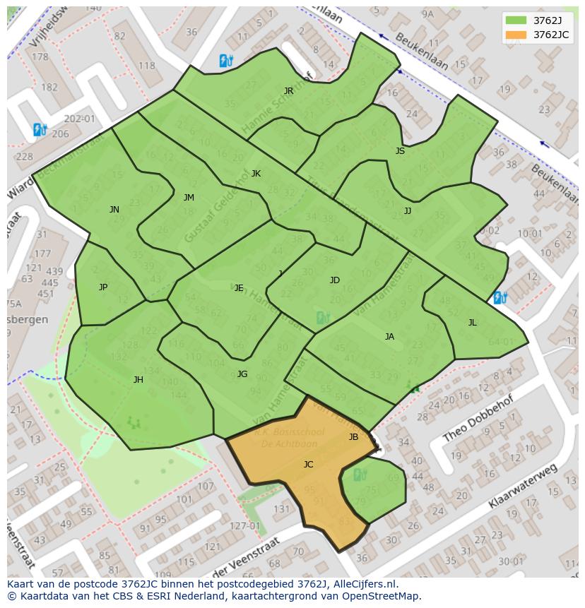 Afbeelding van het postcodegebied 3762 JC op de kaart.