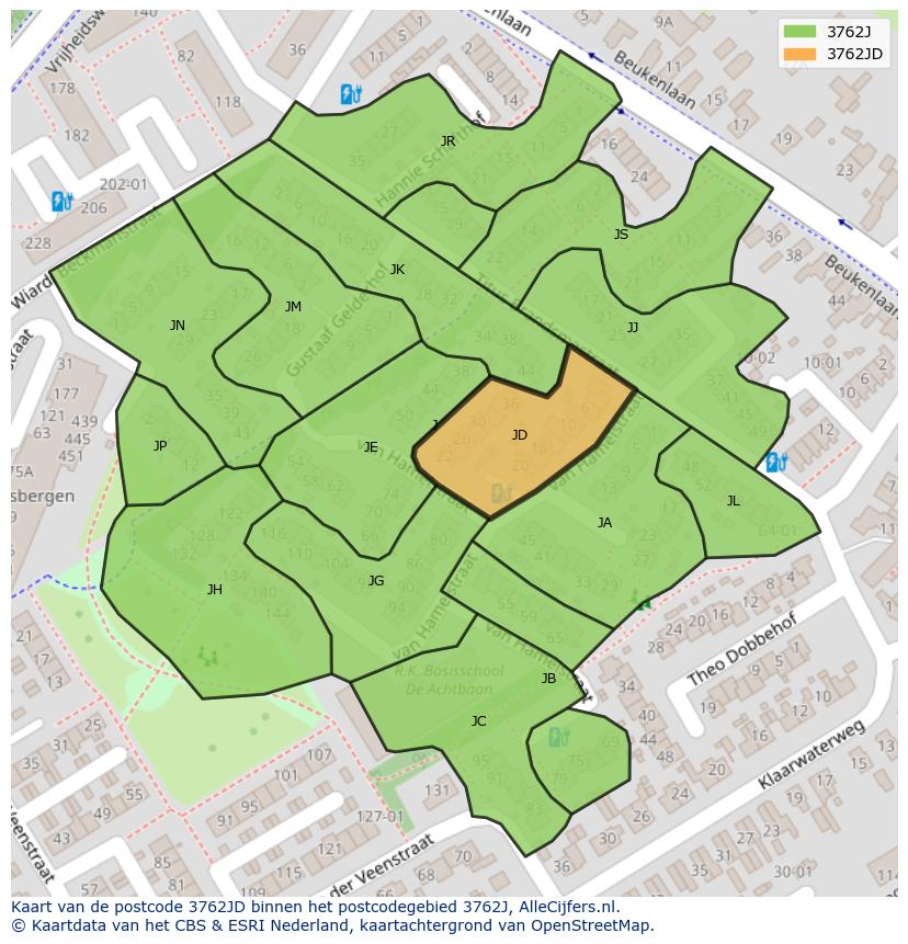 Afbeelding van het postcodegebied 3762 JD op de kaart.