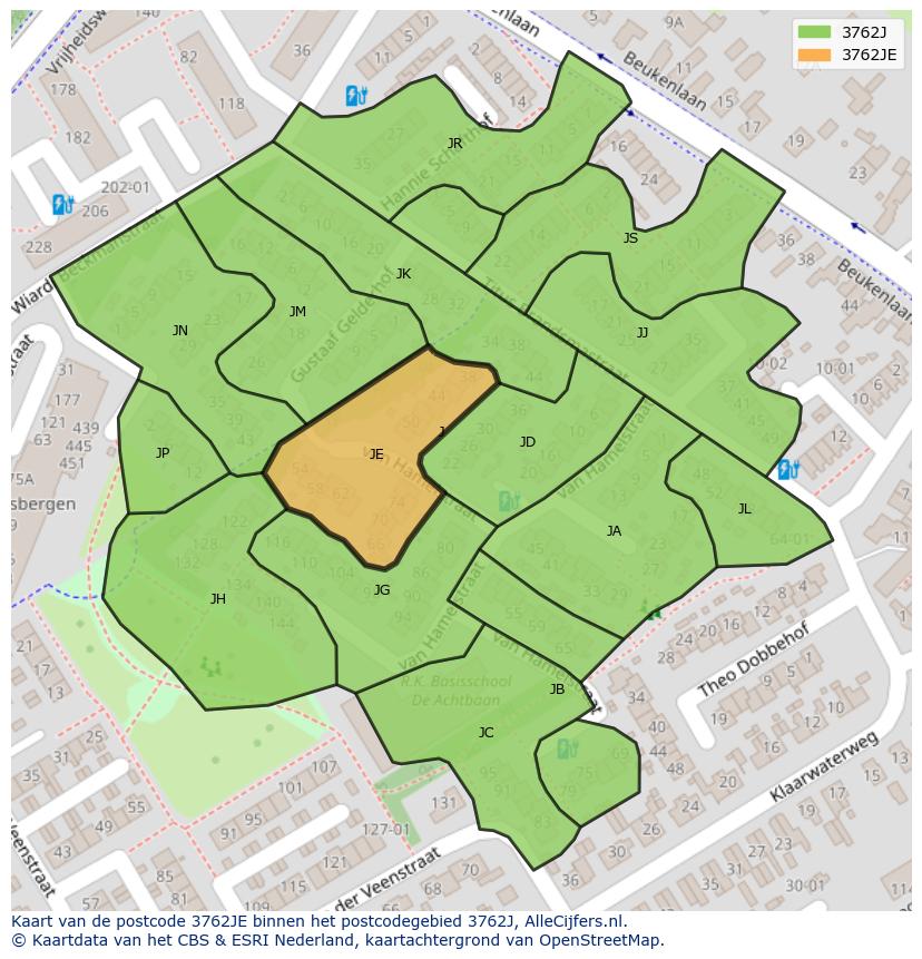Afbeelding van het postcodegebied 3762 JE op de kaart.