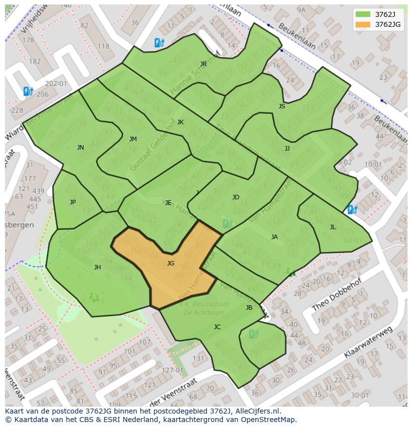 Afbeelding van het postcodegebied 3762 JG op de kaart.