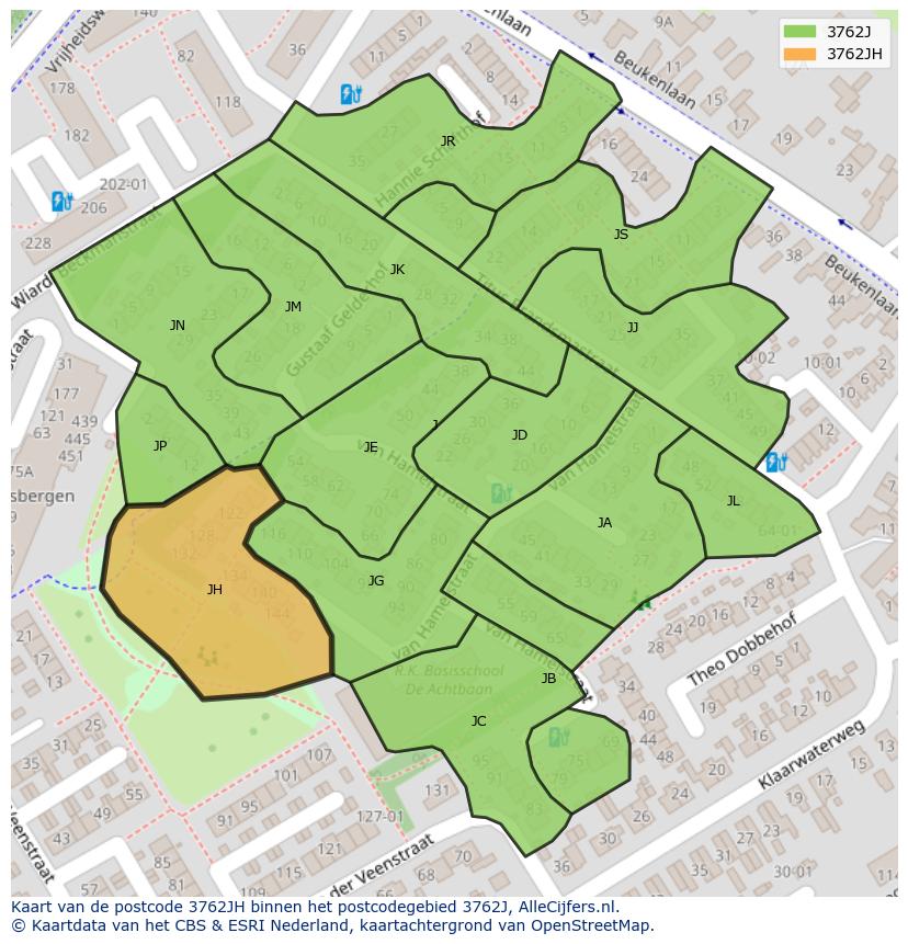 Afbeelding van het postcodegebied 3762 JH op de kaart.