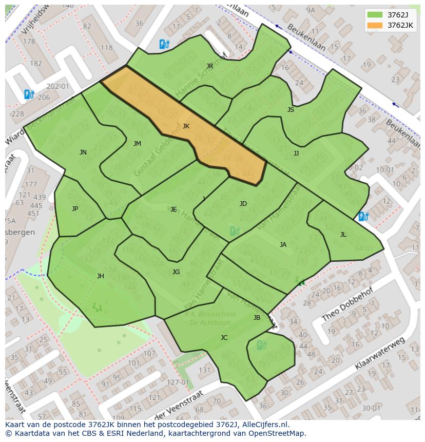 Afbeelding van het postcodegebied 3762 JK op de kaart.