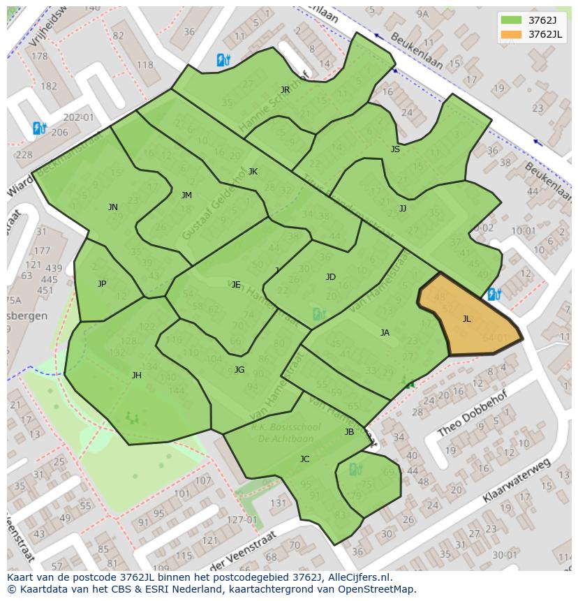 Afbeelding van het postcodegebied 3762 JL op de kaart.