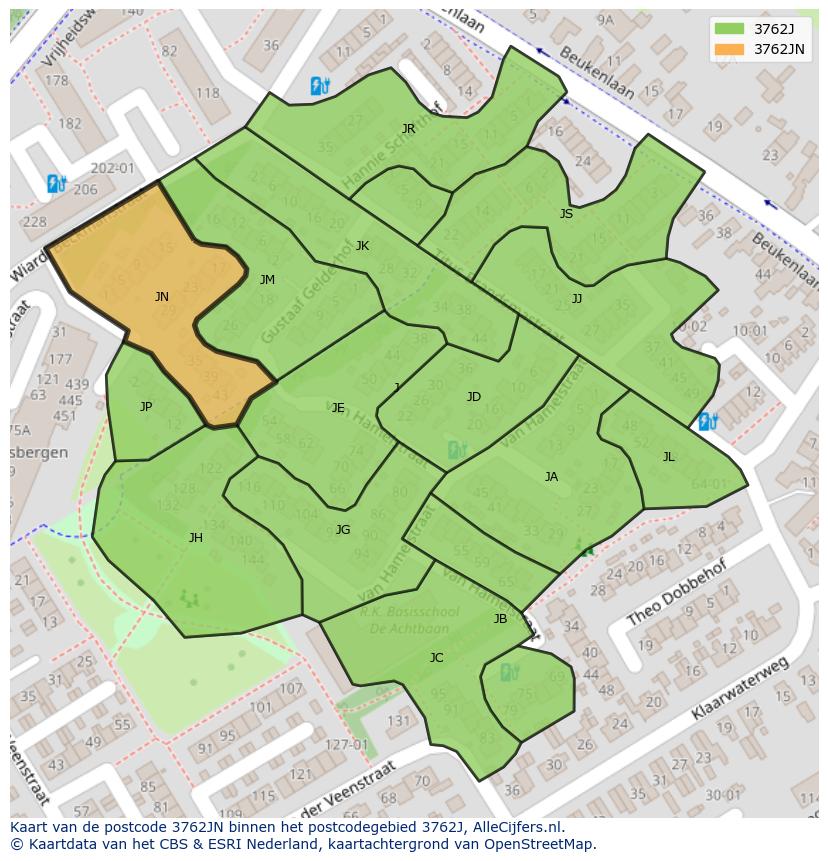 Afbeelding van het postcodegebied 3762 JN op de kaart.