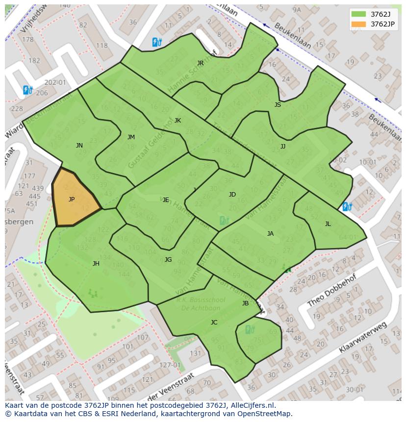 Afbeelding van het postcodegebied 3762 JP op de kaart.