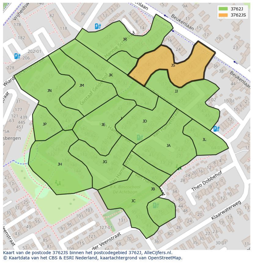Afbeelding van het postcodegebied 3762 JS op de kaart.