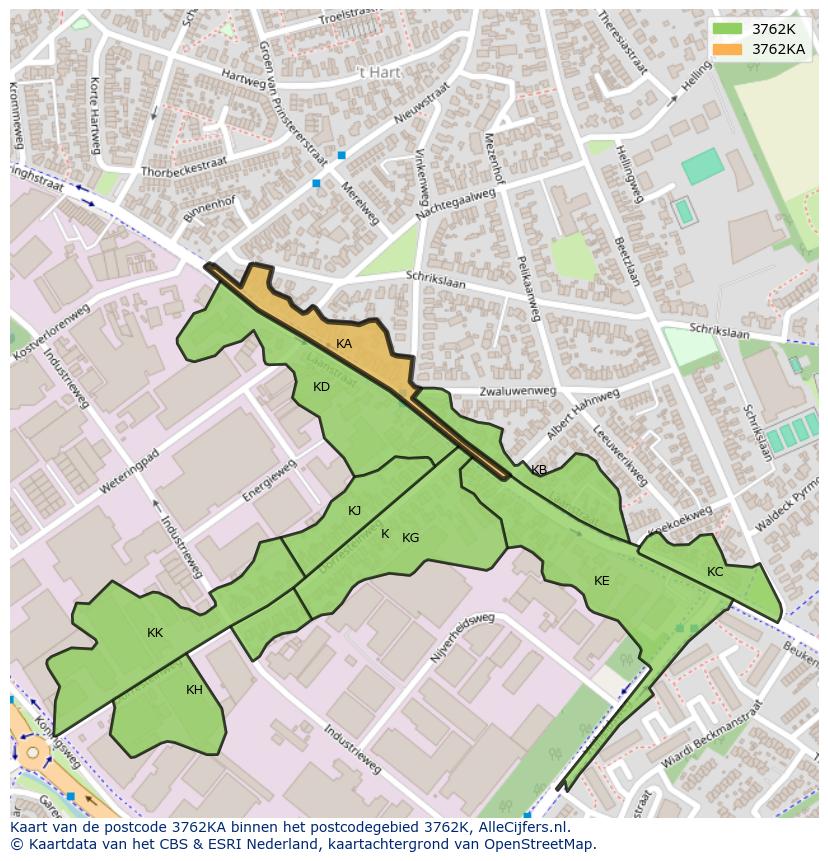 Afbeelding van het postcodegebied 3762 KA op de kaart.