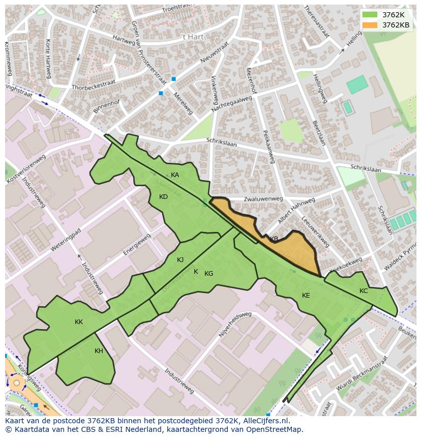 Afbeelding van het postcodegebied 3762 KB op de kaart.