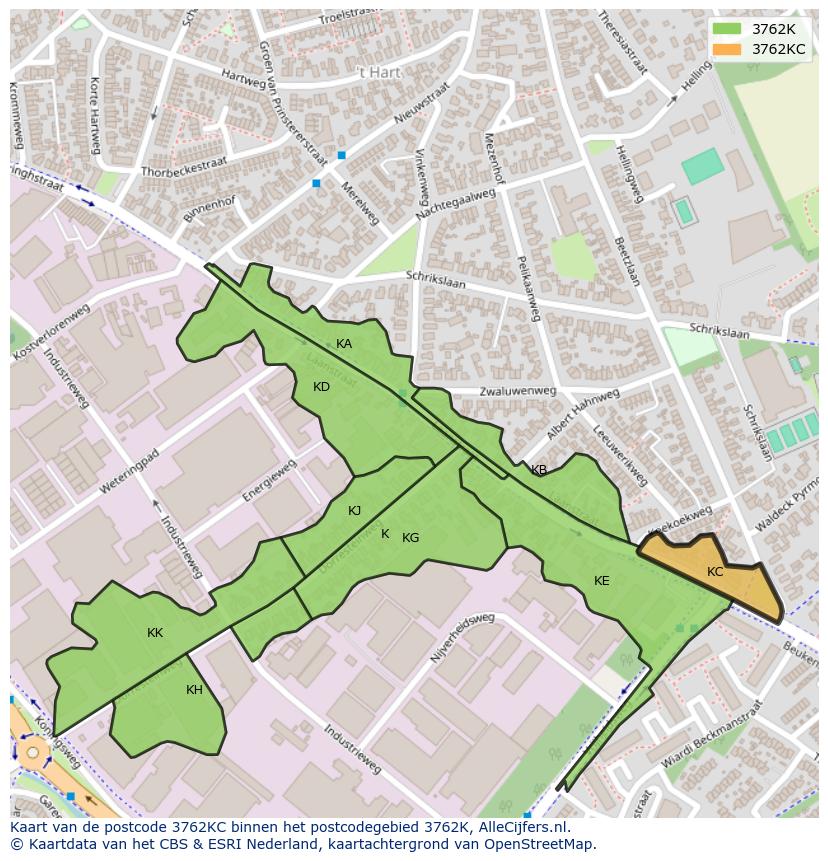 Afbeelding van het postcodegebied 3762 KC op de kaart.