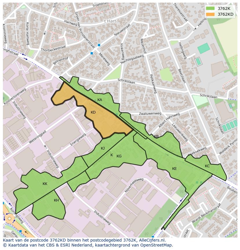 Afbeelding van het postcodegebied 3762 KD op de kaart.