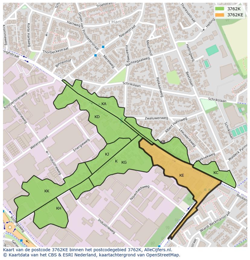 Afbeelding van het postcodegebied 3762 KE op de kaart.