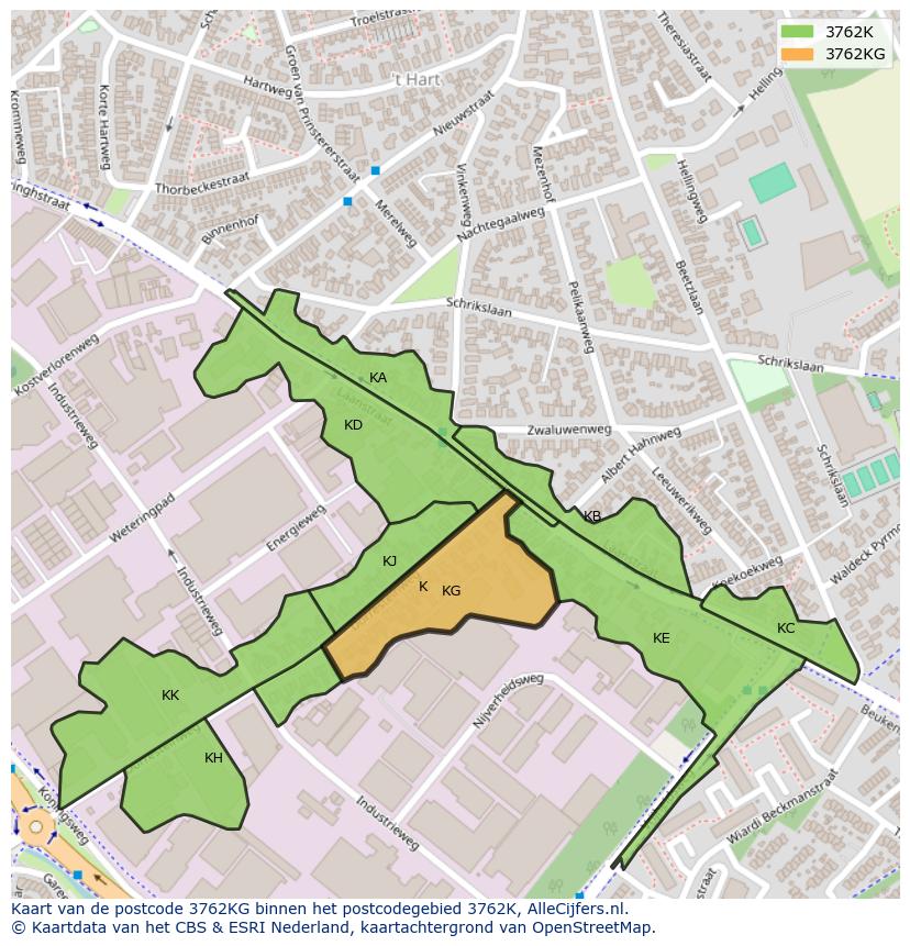 Afbeelding van het postcodegebied 3762 KG op de kaart.