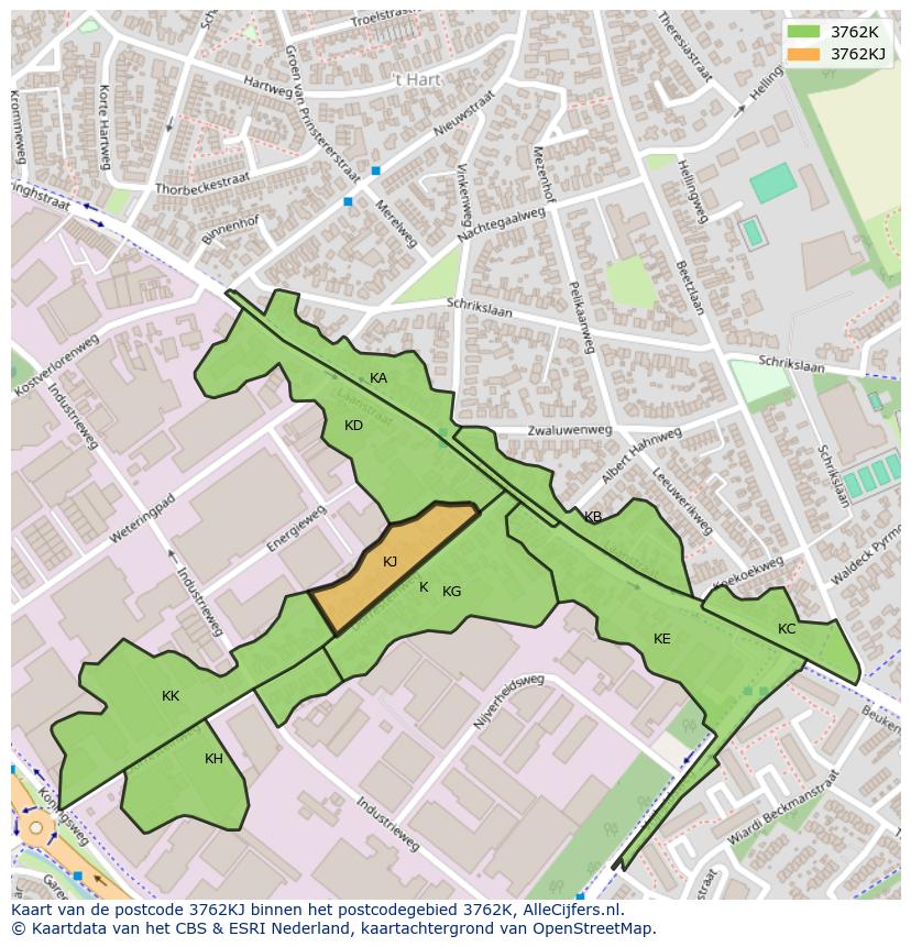 Afbeelding van het postcodegebied 3762 KJ op de kaart.