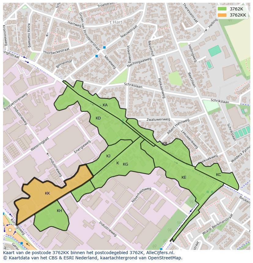 Afbeelding van het postcodegebied 3762 KK op de kaart.