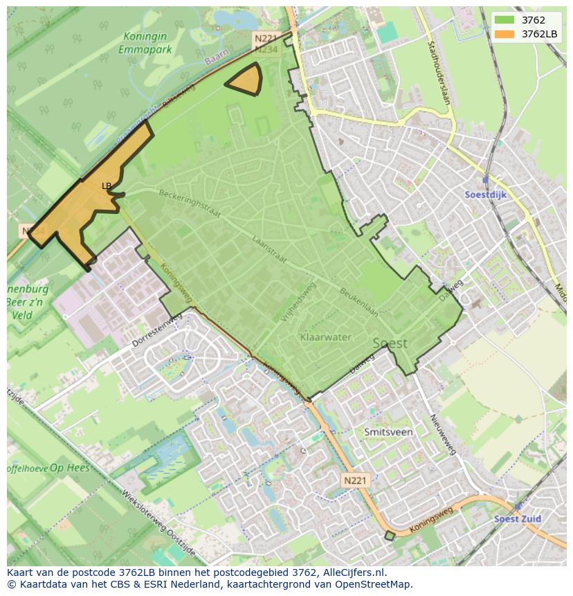 Afbeelding van het postcodegebied 3762 LB op de kaart.