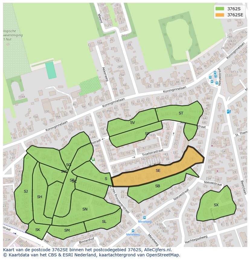 Afbeelding van het postcodegebied 3762 SE op de kaart.