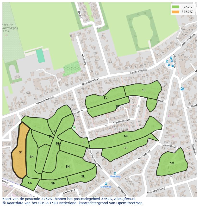 Afbeelding van het postcodegebied 3762 SJ op de kaart.