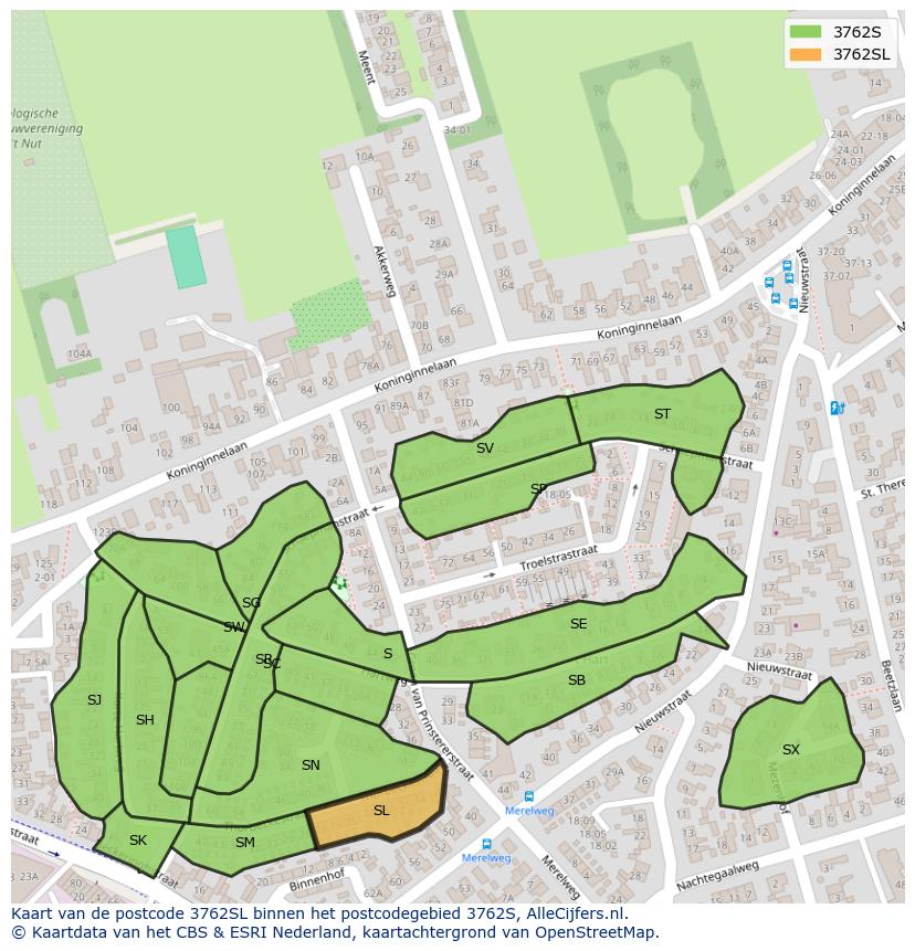 Afbeelding van het postcodegebied 3762 SL op de kaart.