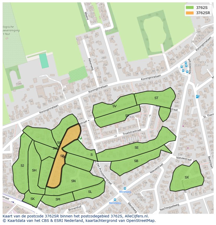 Afbeelding van het postcodegebied 3762 SR op de kaart.
