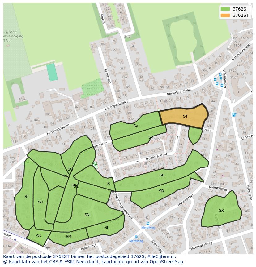Afbeelding van het postcodegebied 3762 ST op de kaart.