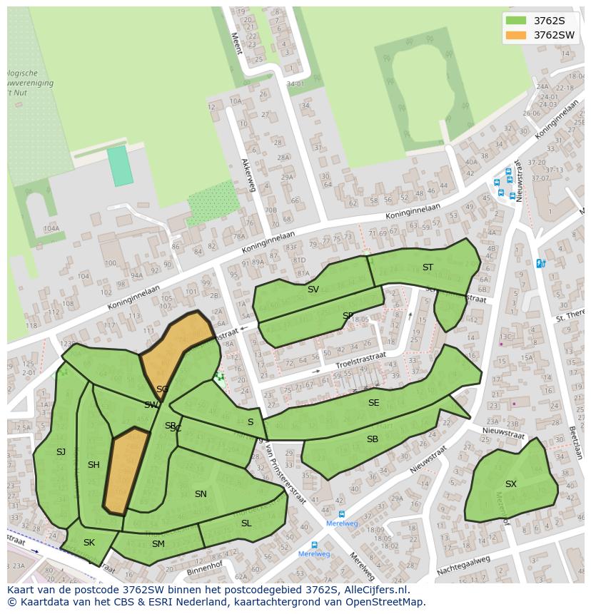 Afbeelding van het postcodegebied 3762 SW op de kaart.