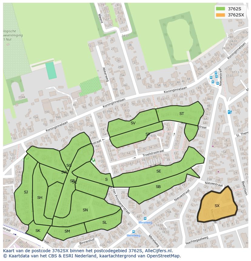 Afbeelding van het postcodegebied 3762 SX op de kaart.