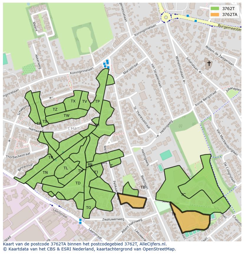 Afbeelding van het postcodegebied 3762 TA op de kaart.