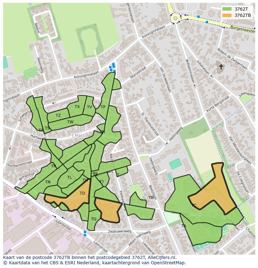 Afbeelding van het postcodegebied 3762 TB op de kaart.