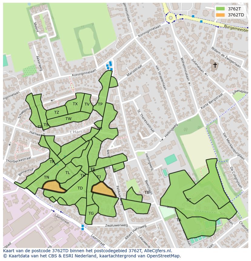 Afbeelding van het postcodegebied 3762 TD op de kaart.
