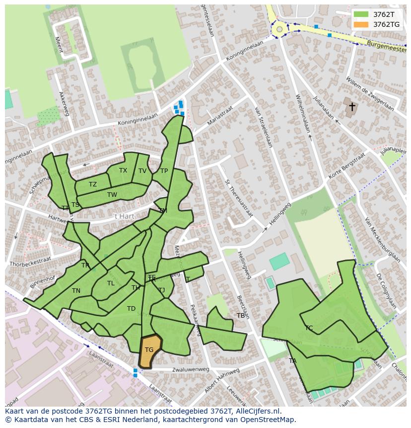 Afbeelding van het postcodegebied 3762 TG op de kaart.