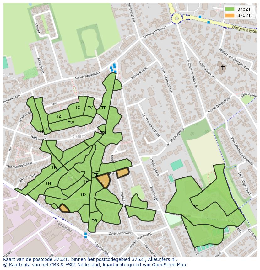 Afbeelding van het postcodegebied 3762 TJ op de kaart.