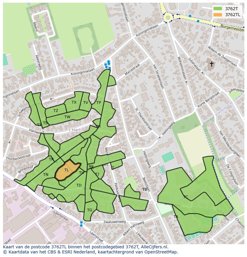 Afbeelding van het postcodegebied 3762 TL op de kaart.