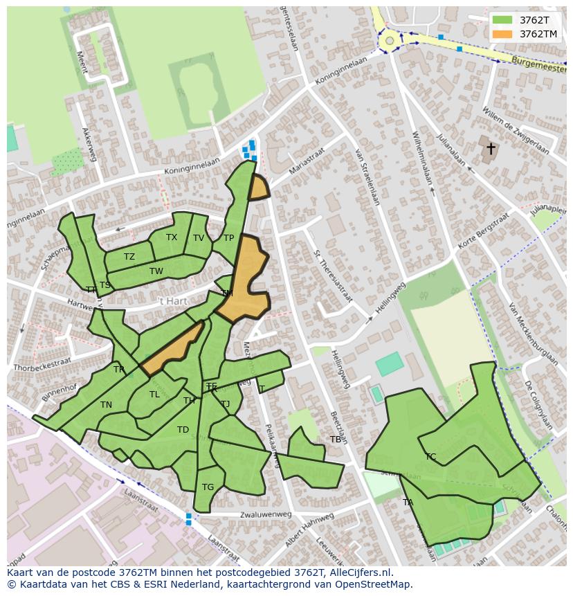 Afbeelding van het postcodegebied 3762 TM op de kaart.