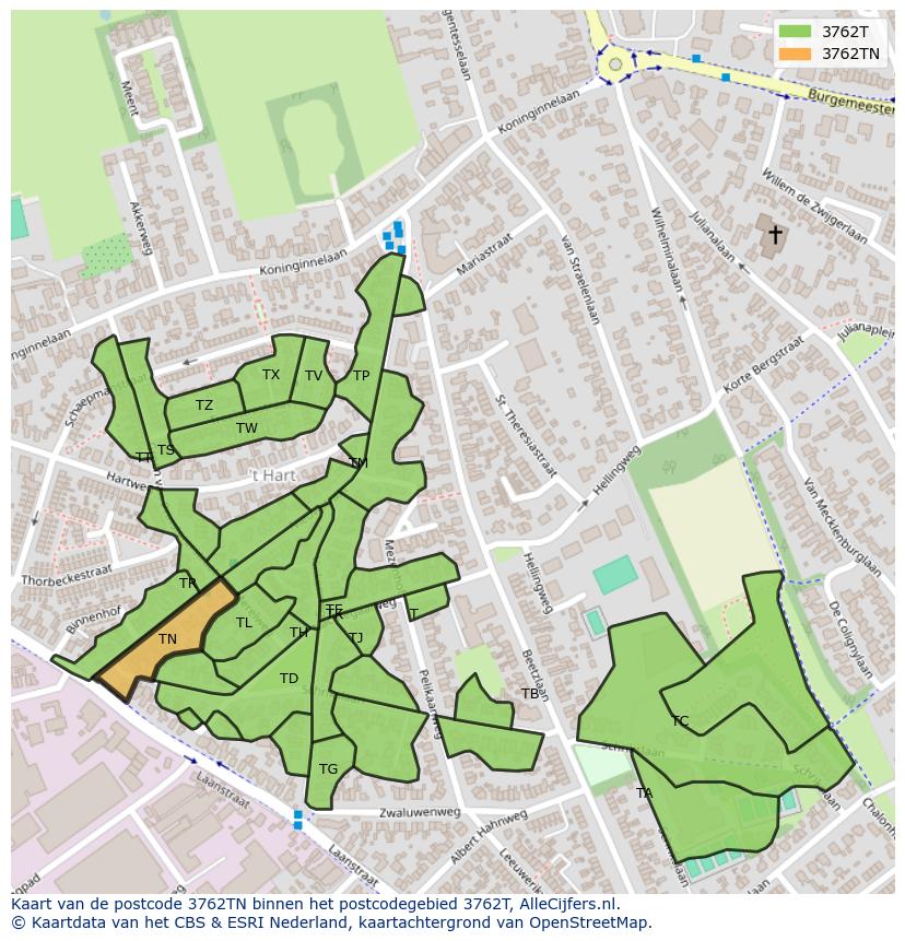 Afbeelding van het postcodegebied 3762 TN op de kaart.