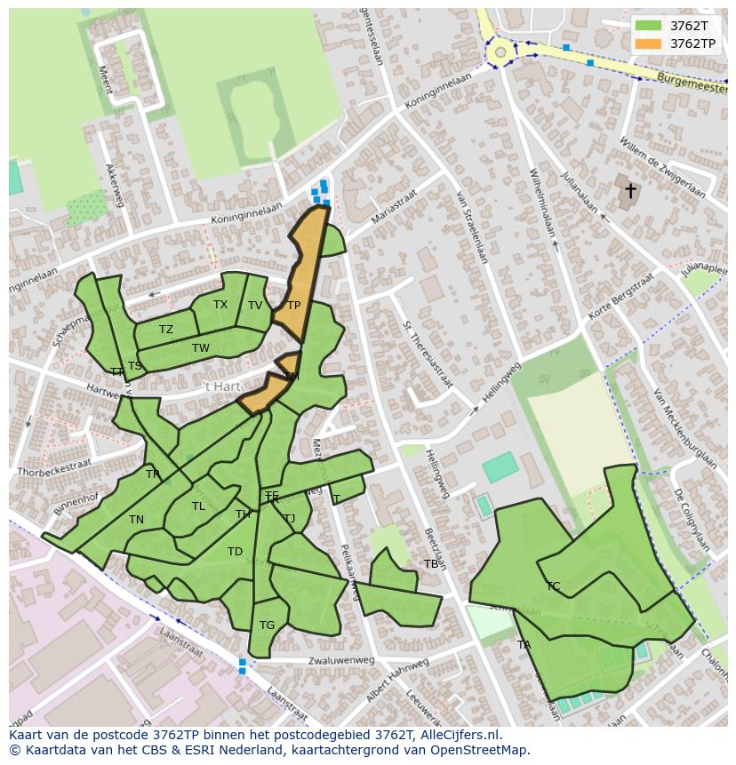 Afbeelding van het postcodegebied 3762 TP op de kaart.